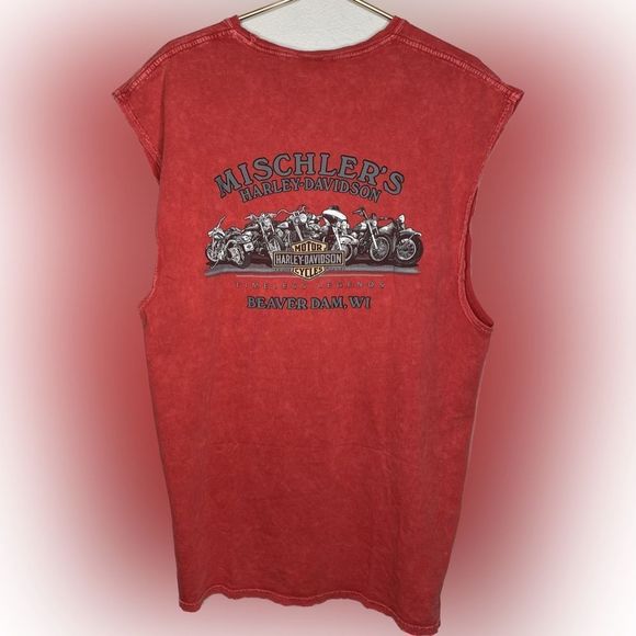 Harley Davidson x Wisconsin Distressed Cut Off Moto T-Shirt Red Midwest Rider - Picture 4 of 4